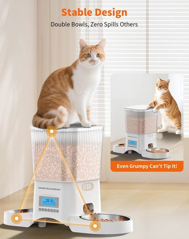 Alt view image 3 of 7 - Automatic Cat Feeder for 2 Cats,Automatic Cat Food Dispenser,Timed Pet Feeder for Cats and Dogs,Desiccant Bag, Programmable Portion Control,10s Voice Recorder