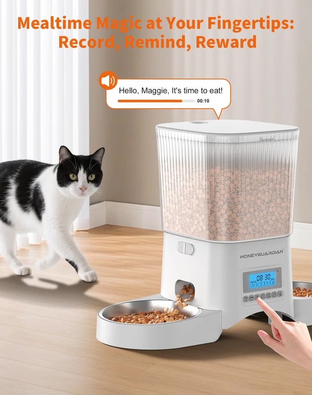 Alt view image 5 of 7 - Automatic Cat Feeder for 2 Cats,Automatic Cat Food Dispenser,Timed Pet Feeder for Cats and Dogs,Desiccant Bag, Programmable Portion Control,10s Voice Recorder