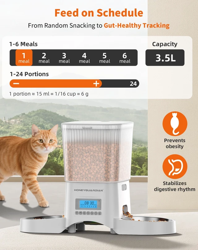 Alt view image 4 of 7 - Automatic Cat Feeder for 2 Cats,Automatic Cat Food Dispenser,Timed Pet Feeder for Cats and Dogs,Desiccant Bag, Programmable Portion Control,10s Voice Recorder