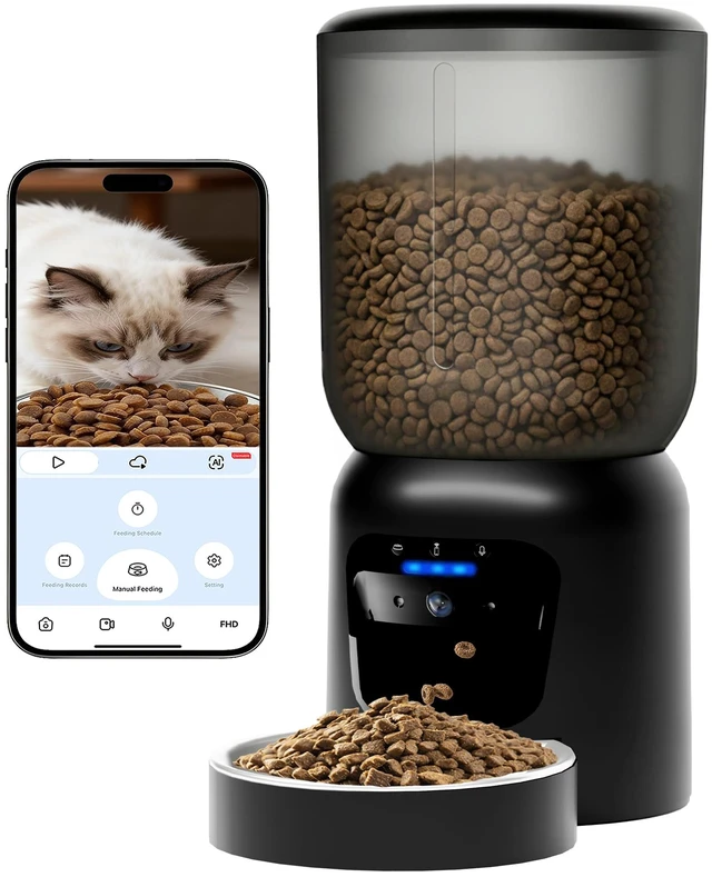 Main image of Automatic Cat Feeder with 2K Camera: Cat Food Dispenser with 6L Capacity, Container for Multiple Pet; Automatic Dog Feeder with Night Vision Support 5/2.4GHz & 2-Way Audio, Anti-Jam Design (Black)