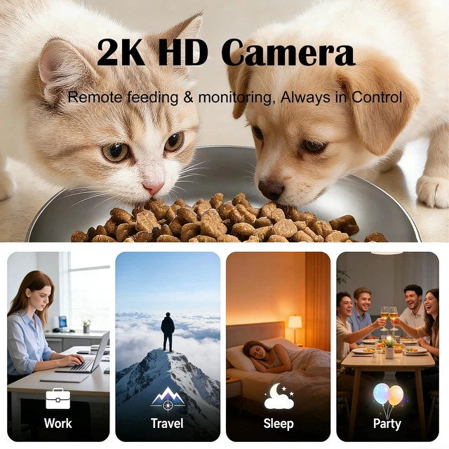 Alt view image 3 of 5 - Automatic Cat Feeder with 2K Camera: Cat Food Dispenser with 6L Capacity, Container for Multiple Pet; Automatic Dog Feeder with Night Vision Support 5/2.4GHz & 2-Way Audio, Anti-Jam Design (Black)