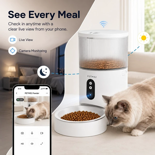 Alt view image 3 of 7 - 3L Cat Automatic Feeder with Camera, App Control & 2-Way Audio - 1080P Smart Automatic Pet Feeder for Small Dogs with WiFi, Dual Power & Anti-Jam Technology, Easy Scheduling & Portion Control