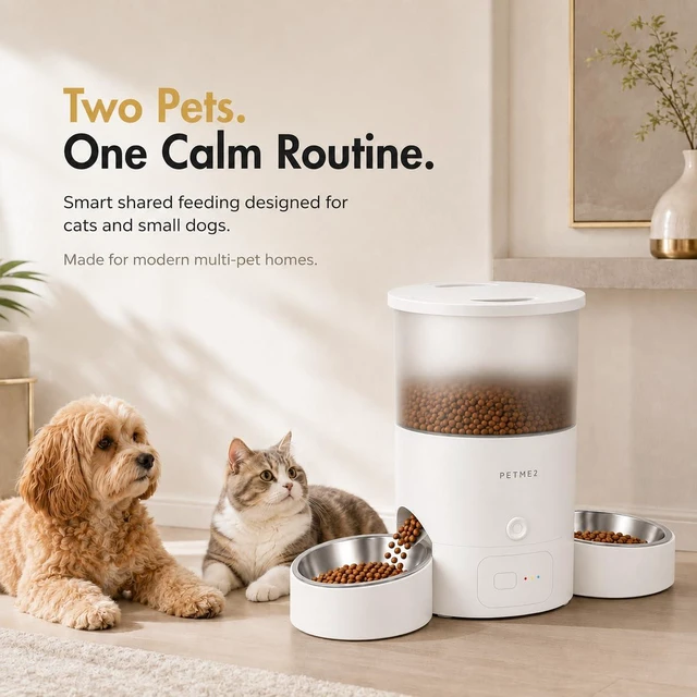 Alt view image 2 of 7 - 3L Dual Automatic Pet Feeder - Smart & Quiet Cat Automatic Feeders for 2 Cats with App Control, 2 Way Audio, Dual Power Options, Portion Control, Self-Feeding Cat Food Dispenser - White