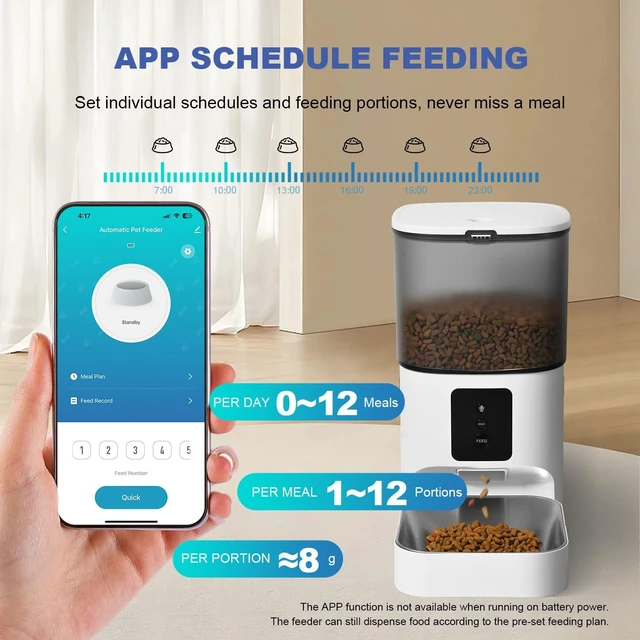 Alt view image 6 of 7 - Automatic Cat Feeder,4L Timed CatDog Dry Food Dispenser | 2.4G WiFi, App Control, Sealed Ring, 10s Voice Recorder, 10 Meals daily, Dual Power Supply, Stainless Steel Tray