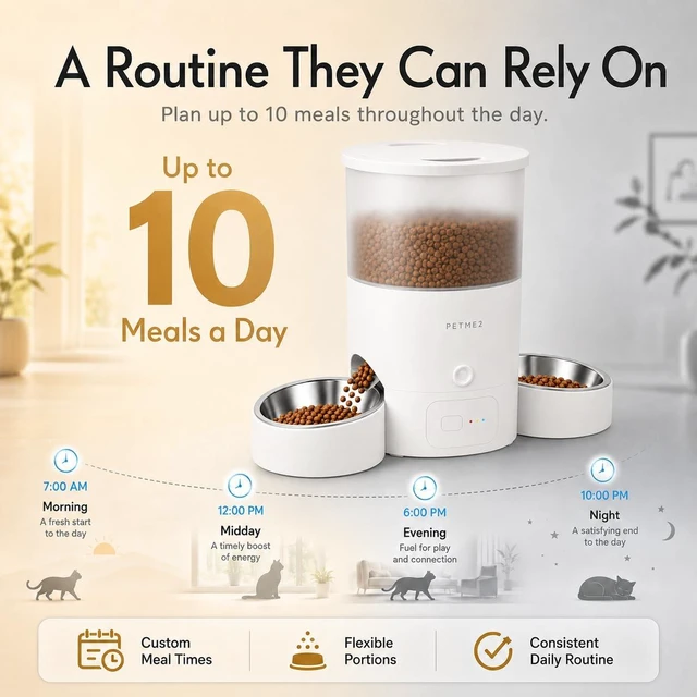 Alt view image 5 of 7 - 3L Dual Automatic Pet Feeder - Smart & Quiet Cat Automatic Feeders for 2 Cats with App Control, 2 Way Audio, Dual Power Options, Portion Control, Self-Feeding Cat Food Dispenser - White