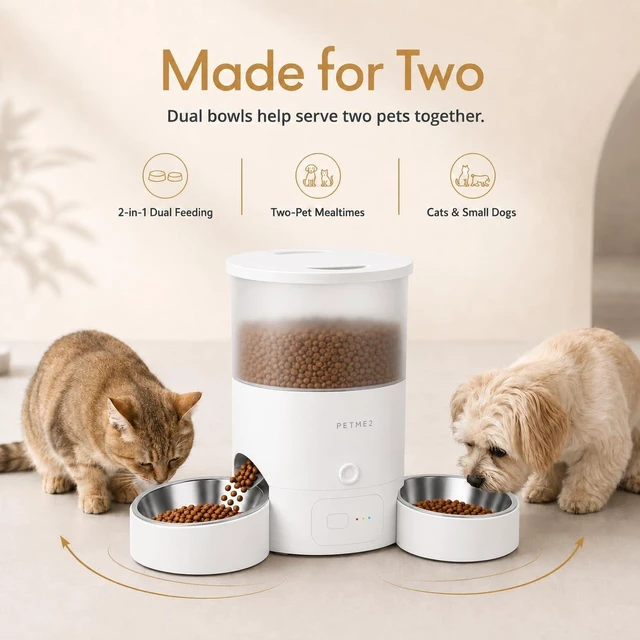 Alt view image 3 of 7 - 3L Dual Automatic Pet Feeder - Smart & Quiet Cat Automatic Feeders for 2 Cats with App Control, 2 Way Audio, Dual Power Options, Portion Control, Self-Feeding Cat Food Dispenser - White