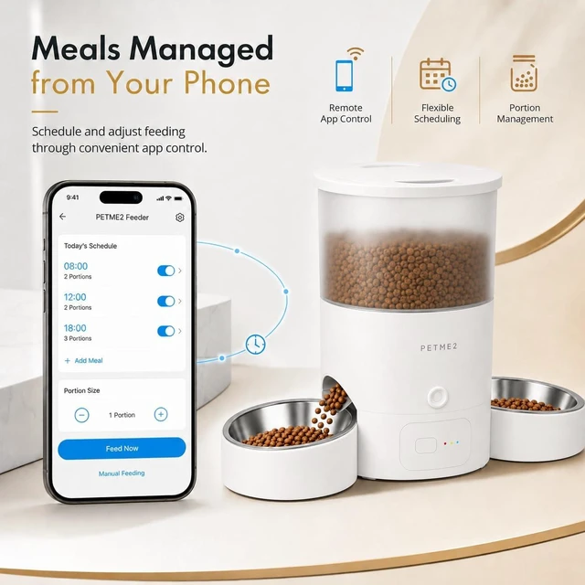 Alt view image 4 of 7 - 3L Dual Automatic Pet Feeder - Smart & Quiet Cat Automatic Feeders for 2 Cats with App Control, 2 Way Audio, Dual Power Options, Portion Control, Self-Feeding Cat Food Dispenser - White