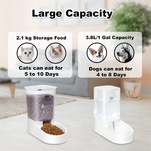 Alt view image 2 of 5 - Dog Feeder, Gravity Cat Feeder and Water Dispenser Set, Automatic Pet Food Bowl and Waterer Large Capacity for Small Medium Pets Puppy Kitten Rabbit (1 Gallon / 3.8L)