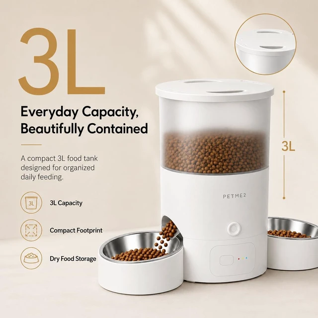 Alt view image 6 of 7 - 3L Dual Automatic Pet Feeder - Smart & Quiet Cat Automatic Feeders for 2 Cats with App Control, 2 Way Audio, Dual Power Options, Portion Control, Self-Feeding Cat Food Dispenser - White