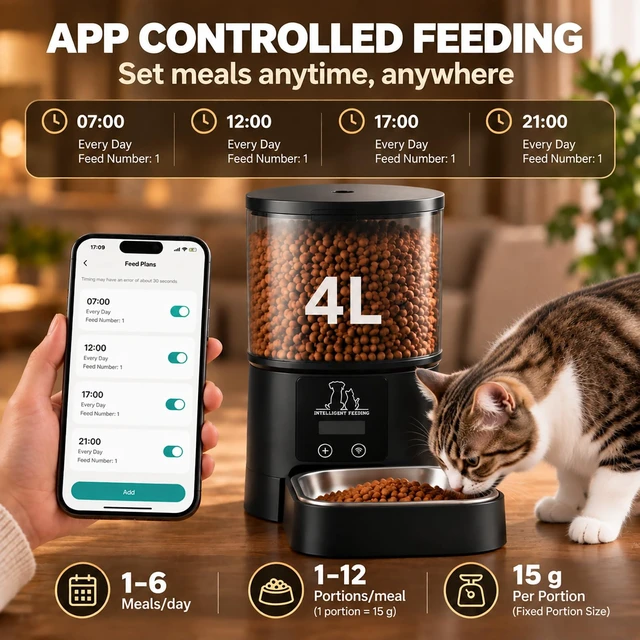 Alt view image 3 of 7 - Automatic Cat Feeder, WiFi Automatic Cat Feeder, Timed Cat Food Dispenser | App Remote Management, Adjustable Portion Control, 4L+ Large Food Storage, Fresh Dry Food Preservation, Easy Cleaning Design