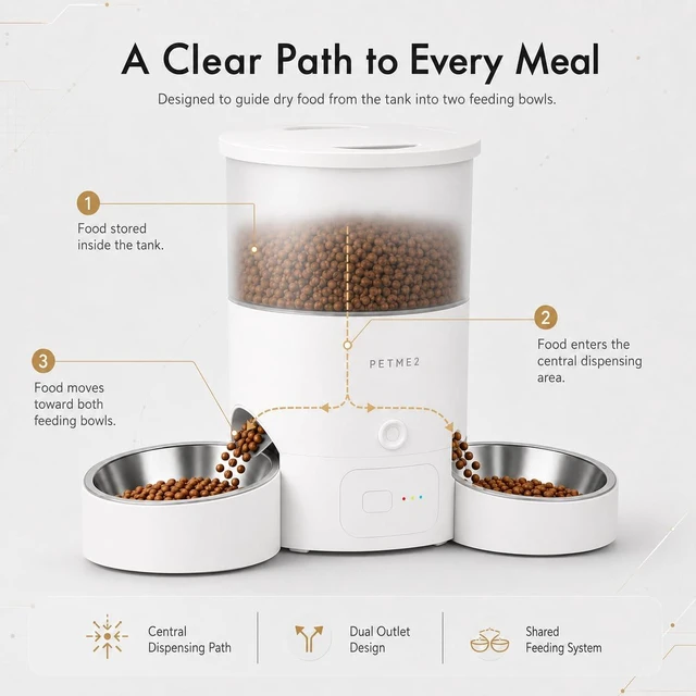 Alt view image 7 of 7 - 3L Dual Automatic Pet Feeder - Smart & Quiet Cat Automatic Feeders for 2 Cats with App Control, 2 Way Audio, Dual Power Options, Portion Control, Self-Feeding Cat Food Dispenser - White