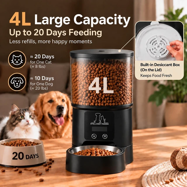 Alt view image 5 of 7 - Automatic Cat Feeder, WiFi Automatic Cat Feeder, Timed Cat Food Dispenser | App Remote Management, Adjustable Portion Control, 4L+ Large Food Storage, Fresh Dry Food Preservation, Easy Cleaning Design