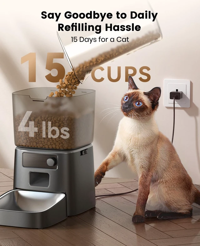 Alt view image 5 of 7 - 2.4 GHz Wi-Fi Automatic Cat Feeder, 3.5L/15 Cups | Timed Meals, Feed Now, Feeding Logs, Slow Feed, Precise Portion, Dual Power Backup, Family Share, Stainless Steel Bowls