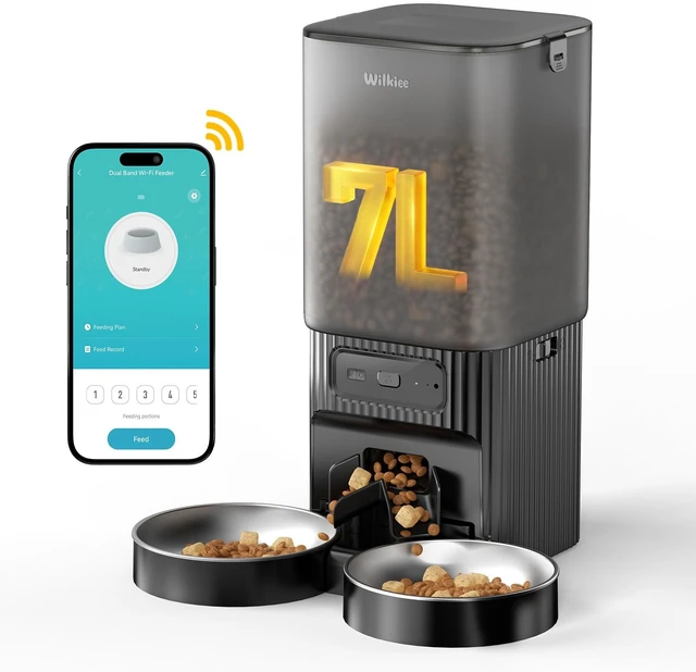 Main image of 7L Automatic Cat Feeder 2 Cats, 5G WiFi Dog Food Dispenser with APP Control | APP Control, Dual Power Supply, Up to 12 Meals Per Day, 10s Voice Recorder, 2 Stainless Steel Bowls