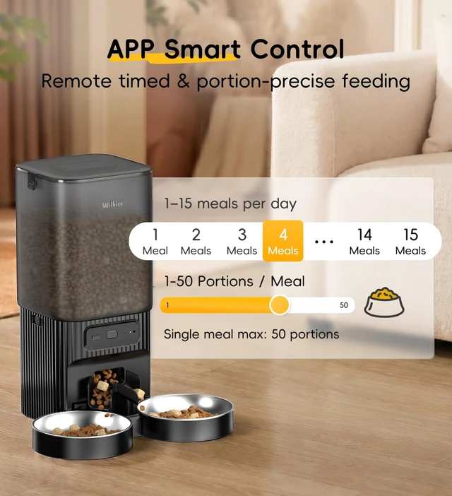 Alt view image 3 of 7 - 7L Automatic Cat Feeder 2 Cats, 5G WiFi Dog Food Dispenser with APP Control | APP Control, Dual Power Supply, Up to 12 Meals Per Day, 10s Voice Recorder, 2 Stainless Steel Bowls