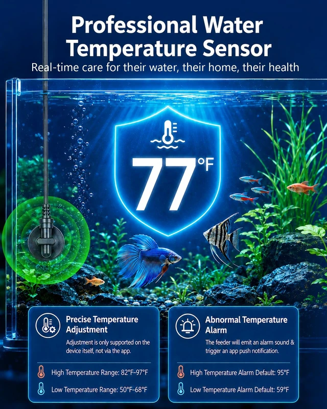Alt view image 4 of 7 - WiFi Automatic Fish Feeder for Aquarium with Temperature Monitoring | 6 Timers Rechargeable Auto Fish Food Dispenser for Flakes & Pellets, Vacation Feeding for Betta Koi Turtle, Moisture-Proof