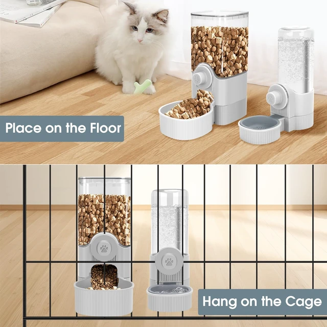 Alt view image 7 of 7 - Hanging Cage Auto Small Pet Feeder Waterer Set for Puppy Cats, Grey | 1.2L Self-Feeding Feeder, 0.52L Waterer Set, Non-Spill Auto Gravity Kennel Feeding Station For Puppy Cats Rabbit Ferret