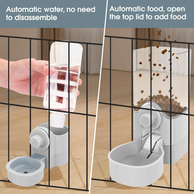 Alt view image 5 of 7 - Hanging Cage Auto Small Pet Feeder Waterer Set for Puppy Cats, Grey | 1.2L Self-Feeding Feeder, 0.52L Waterer Set, Non-Spill Auto Gravity Kennel Feeding Station For Puppy Cats Rabbit Ferret