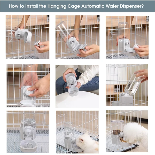 Alt view image 3 of 7 - Hanging Cage Auto Small Pet Feeder Waterer Set for Puppy Cats, Grey | 1.2L Self-Feeding Feeder, 0.52L Waterer Set, Non-Spill Auto Gravity Kennel Feeding Station For Puppy Cats Rabbit Ferret