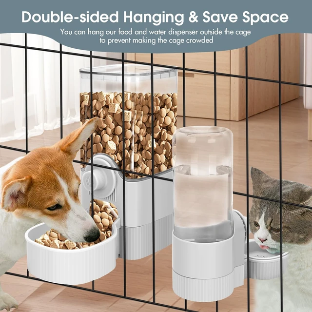 Alt view image 4 of 7 - Hanging Cage Auto Small Pet Feeder Waterer Set for Puppy Cats, Grey | 1.2L Self-Feeding Feeder, 0.52L Waterer Set, Non-Spill Auto Gravity Kennel Feeding Station For Puppy Cats Rabbit Ferret