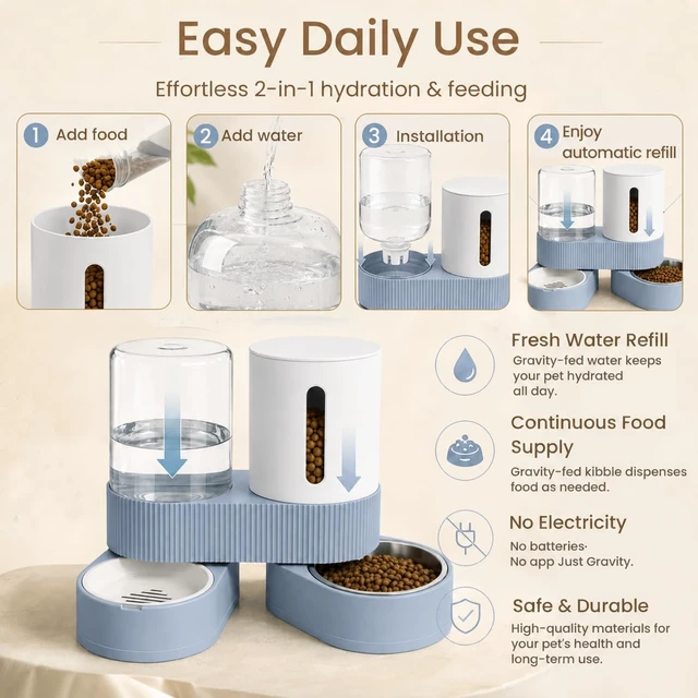 Alt view image 2 of 7 - Gravity Cat Feeder 2 Pack Automatic Food Feeder Stainless Steel Water Dispenser Set 360 Degree Rotatable Pet Bowls with Silicone Mat for Cats Small Medium Dogs, Large Capacity(Blue)