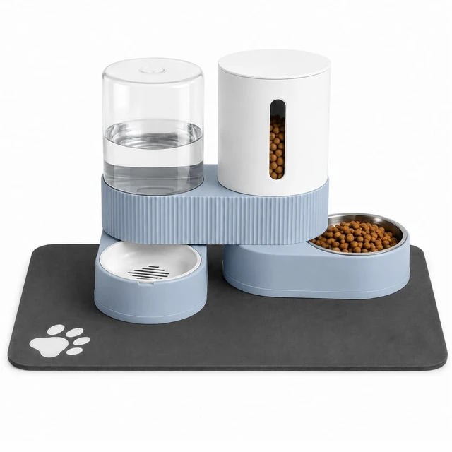 Main image of Gravity Cat Feeder 2 Pack Automatic Food Feeder Stainless Steel Water Dispenser Set 360 Degree Rotatable Pet Bowls with Silicone Mat for Cats Small Medium Dogs, Large Capacity(Blue)
