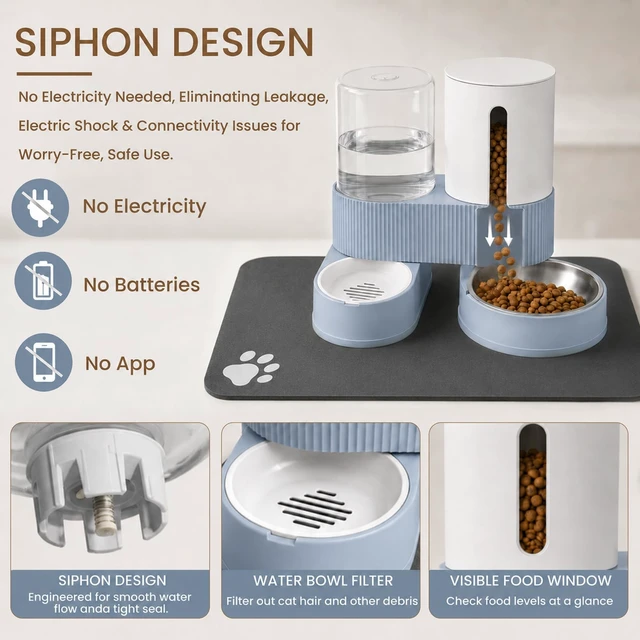 Alt view image 3 of 7 - Gravity Cat Feeder 2 Pack Automatic Food Feeder Stainless Steel Water Dispenser Set 360 Degree Rotatable Pet Bowls with Silicone Mat for Cats Small Medium Dogs, Large Capacity(Blue)