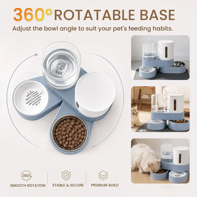 Alt view image 5 of 7 - Gravity Cat Feeder 2 Pack Automatic Food Feeder Stainless Steel Water Dispenser Set 360 Degree Rotatable Pet Bowls with Silicone Mat for Cats Small Medium Dogs, Large Capacity(Blue)