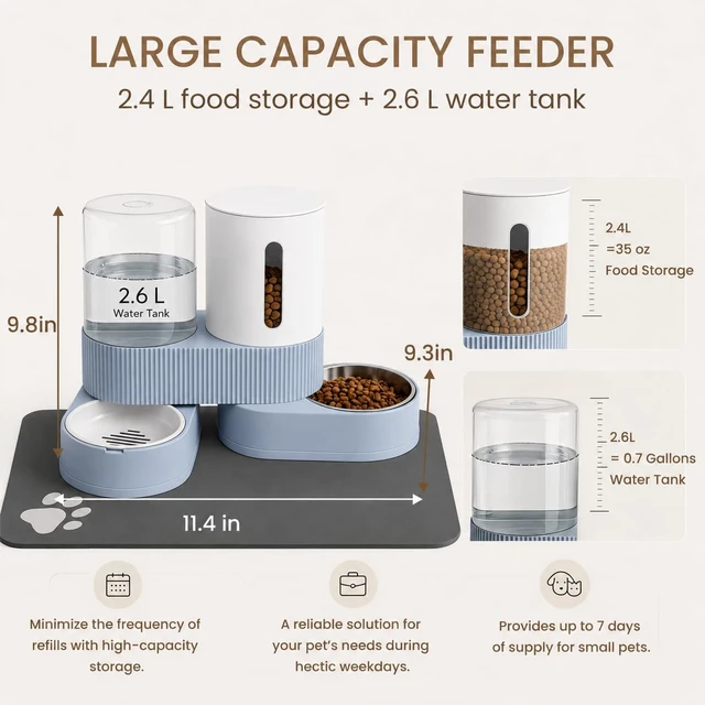 Alt view image 4 of 7 - Gravity Cat Feeder 2 Pack Automatic Food Feeder Stainless Steel Water Dispenser Set 360 Degree Rotatable Pet Bowls with Silicone Mat for Cats Small Medium Dogs, Large Capacity(Blue)