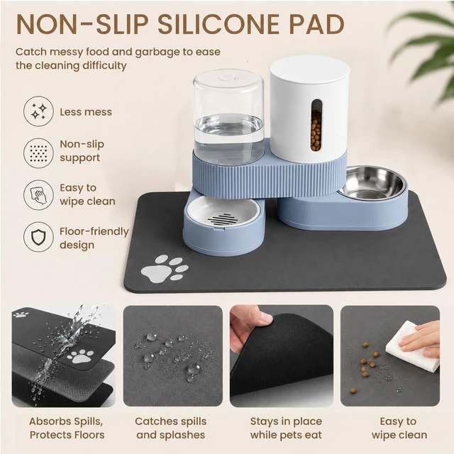Alt view image 6 of 7 - Gravity Cat Feeder 2 Pack Automatic Food Feeder Stainless Steel Water Dispenser Set 360 Degree Rotatable Pet Bowls with Silicone Mat for Cats Small Medium Dogs, Large Capacity(Blue)