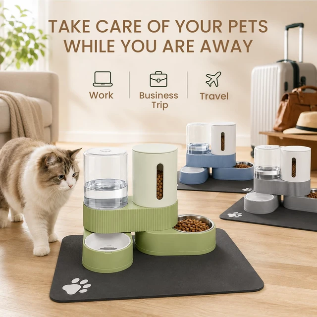 Alt view image 7 of 7 - Gravity Cat Feeder 2 Pack Automatic Food Feeder Stainless Steel Water Dispenser Set 360 Degree Rotatable Pet Bowls with Silicone Mat for Cats Small Medium Dogs, Large Capacity(Blue)