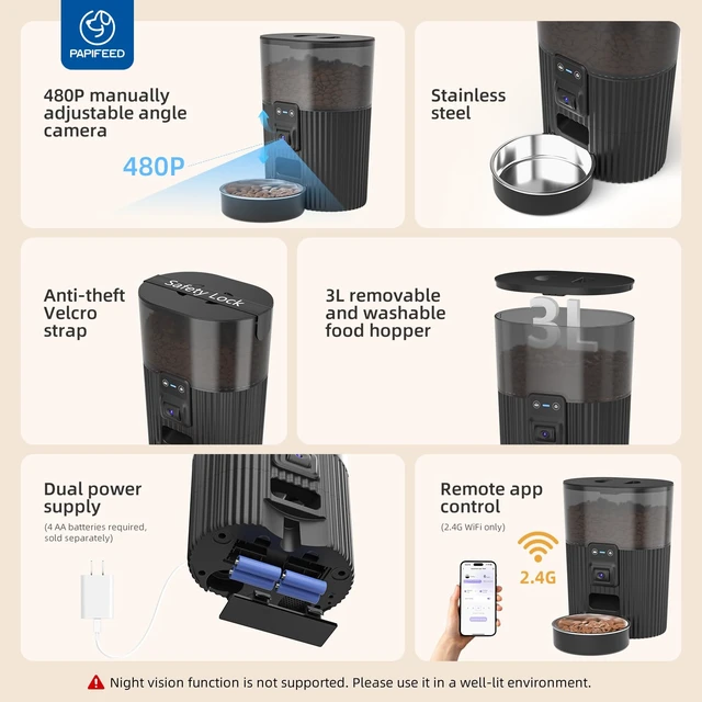 Alt view image 5 of 7 - Automatic Cat Feeder with Camera, WiFi Auto Cat Feeder with App, 3L Slow-Feed Cat Food Dispenser for Dry Food, Dual Power Supply Timed Pet Feeder, 10 Meals/Day, 6 Portions/Meal