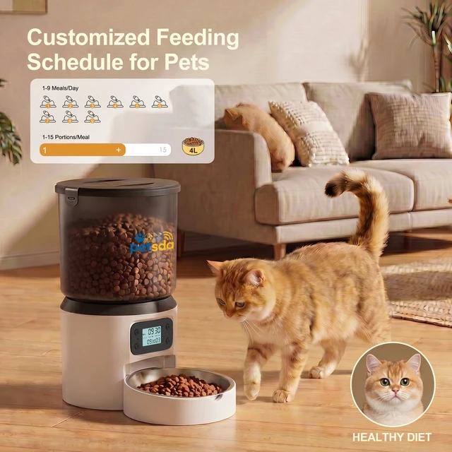 Alt view image 2 of 7 - Automatic Cat Feeder 4L Timed Cat Dry Food Dispenser Auto Pet Feeder Portion Control up to 9 Meals/Day for Cats and Small Dogs Dual Power Supply, with Stainless Bowl Fresh Food, Easy Clean