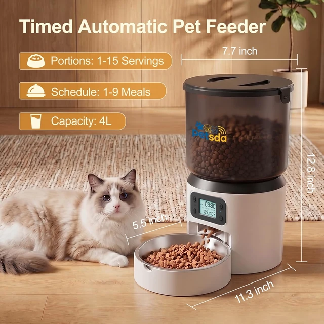 Alt view image 7 of 7 - Automatic Cat Feeder 4L Timed Cat Dry Food Dispenser Auto Pet Feeder Portion Control up to 9 Meals/Day for Cats and Small Dogs Dual Power Supply, with Stainless Bowl Fresh Food, Easy Clean