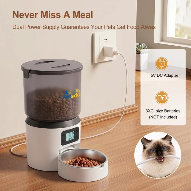 Alt view image 5 of 7 - Automatic Cat Feeder 4L Timed Cat Dry Food Dispenser Auto Pet Feeder Portion Control up to 9 Meals/Day for Cats and Small Dogs Dual Power Supply, with Stainless Bowl Fresh Food, Easy Clean