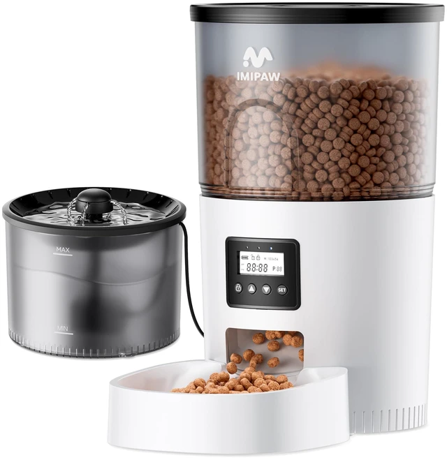 Main image of Automatic Cat Feeder and Water Fountain, Timed Dry Food Dispenser, Programmable Portion Control, 1-6 Meals Per Day, Desiccant Bag, Cat Fountains for Drinking with Filter, Small Pets (3L Combo)
