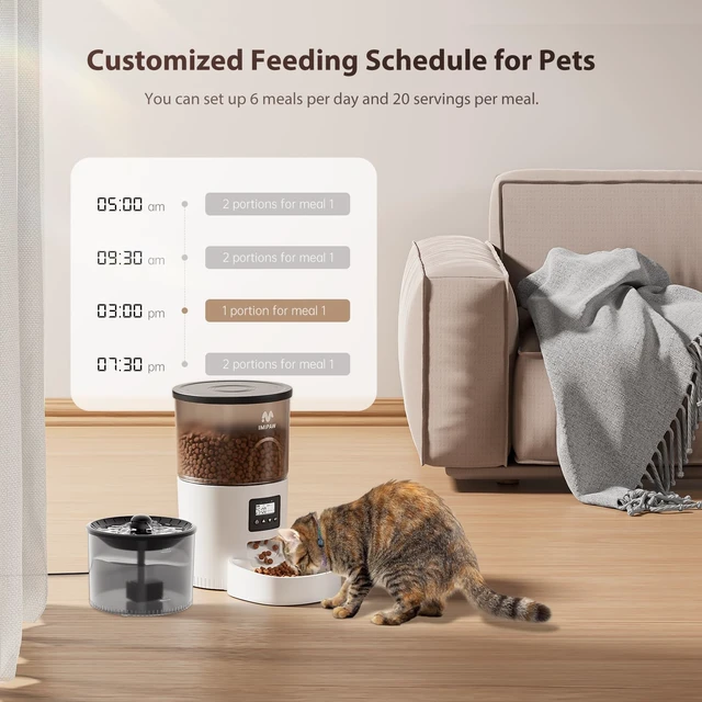 Alt view image 2 of 7 - Automatic Cat Feeder and Water Fountain, Timed Dry Food Dispenser, Programmable Portion Control, 1-6 Meals Per Day, Desiccant Bag, Cat Fountains for Drinking with Filter, Small Pets (3L Combo)