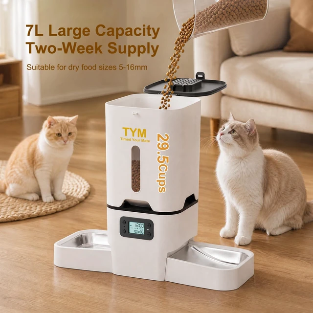Alt view image 4 of 7 - Automatic Cat Feeder 2 Cats, 7L Dry Cat Food Dispenser with Double Bowls | Multi-pet Household | Large Capacity Grain Storage Box | Anti Food Stealing | Weight / Diet Control | Fresh Food | Dual Power