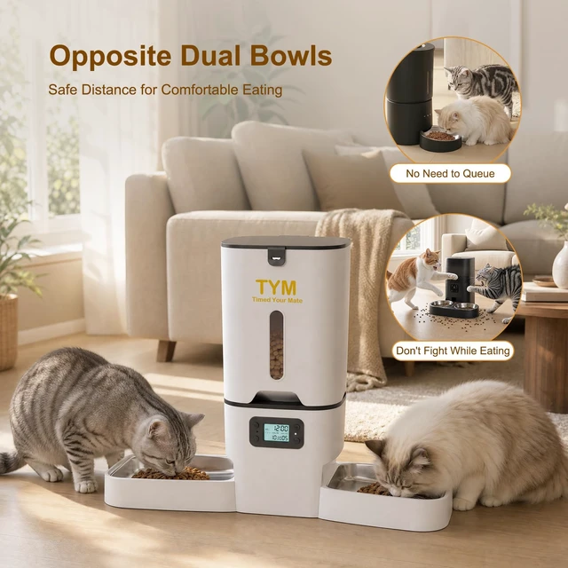 Alt view image 5 of 7 - Automatic Cat Feeder 2 Cats, 7L Dry Cat Food Dispenser with Double Bowls | Multi-pet Household | Large Capacity Grain Storage Box | Anti Food Stealing | Weight / Diet Control | Fresh Food | Dual Power