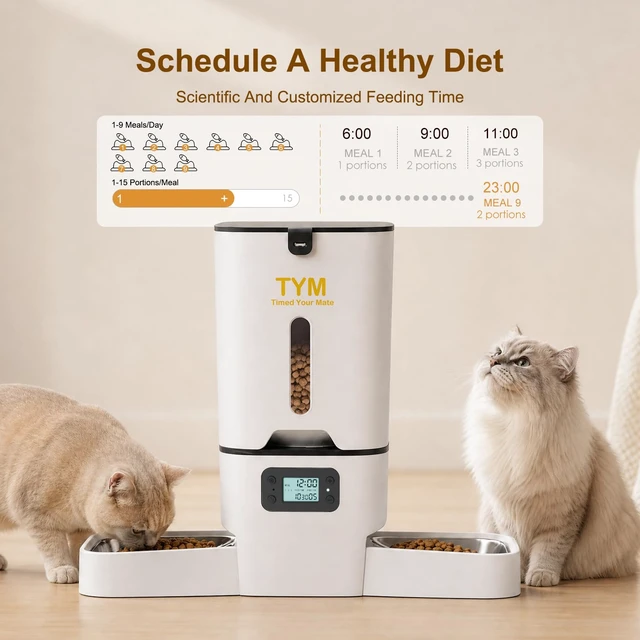 Alt view image 2 of 7 - Automatic Cat Feeder 2 Cats, 7L Dry Cat Food Dispenser with Double Bowls | Multi-pet Household | Large Capacity Grain Storage Box | Anti Food Stealing | Weight / Diet Control | Fresh Food | Dual Power