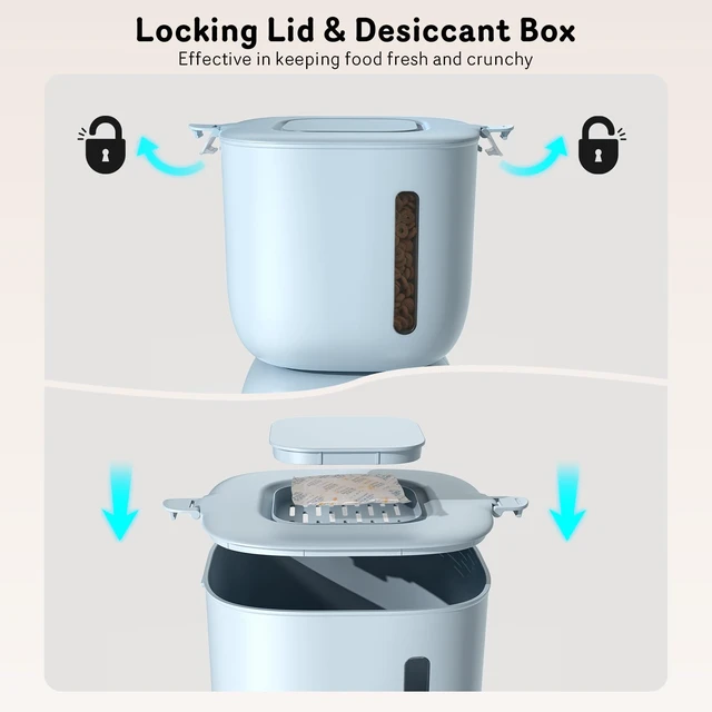 Alt view image 3 of 7 - Automatic Cat Feeder and Water Dispenser FW1, Wire or Battery Cat Food Dispenser Timer Pet Feeder - Locking Lid, Desiccant Bag, Programmable Portion Control, 4 Daily Meals, 10s Voice Recorder-Blue