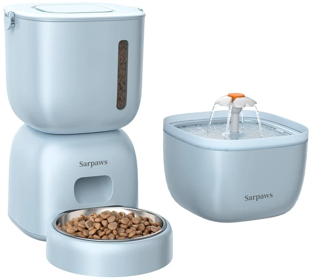 Main image of Automatic Cat Feeder and Water Dispenser FW1, Wire or Battery Cat Food Dispenser Timer Pet Feeder - Locking Lid, Desiccant Bag, Programmable Portion Control, 4 Daily Meals, 10s Voice Recorder-Blue