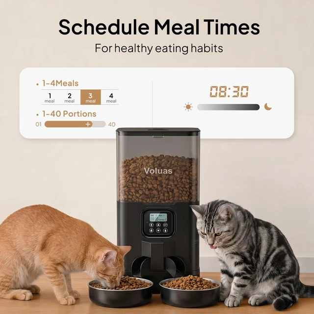 Alt view image 2 of 7 - Automatic Cat Feeder for Two Cats with Dual Stainless Bowls, 6L | Programmable Portion Control, Timed Feeding, Memory Function, Dual Stainless Steel Bowls, 10-Second Voice Recorder
