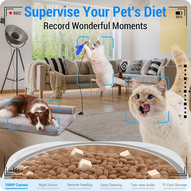 Alt view image 2 of 7 - Automatic Cat Feeder with Camera: 5G WiFi Automatic Dog Feeder with Night Vision, 7L Auto Cat Food Dispenser with 1080P Camera for Multiple Pet, Detachable for Easy Clean -29 Cup (ACF100W-B)
