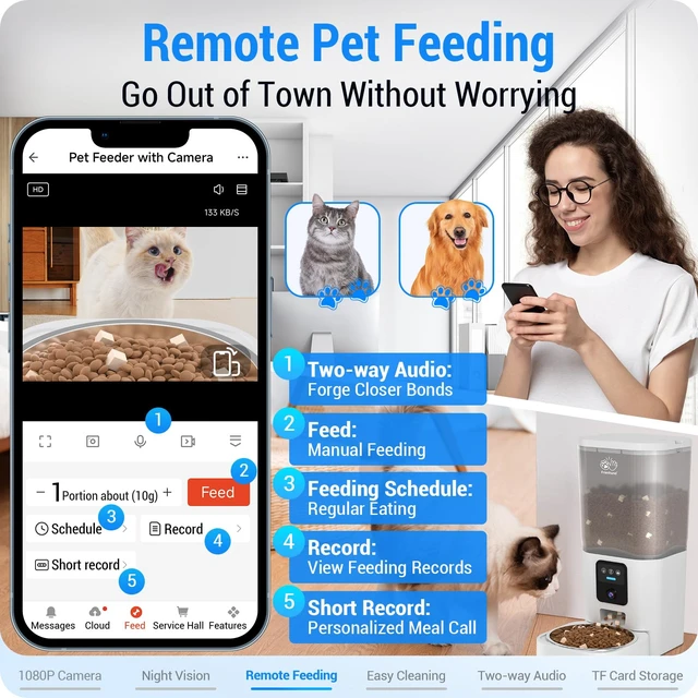 Alt view image 4 of 7 - Automatic Cat Feeder with Camera: 5G WiFi Automatic Dog Feeder with Night Vision, 7L Auto Cat Food Dispenser with 1080P Camera for Multiple Pet, Detachable for Easy Clean -29 Cup (ACF100W-B)