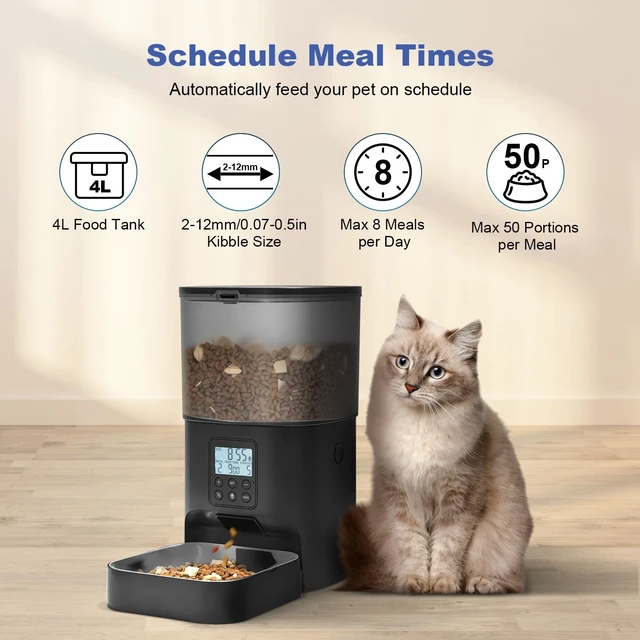 Alt view image 6 of 7 - Automatic Cat Feeder,4L Timed CatDog Dry Food Dispenser | Easy to Setup and Clean,Sealed Ring,10s Voice Recorder,8 Meals daily,Precise Portion,Dual Power Supply,Stainless Steel Tray