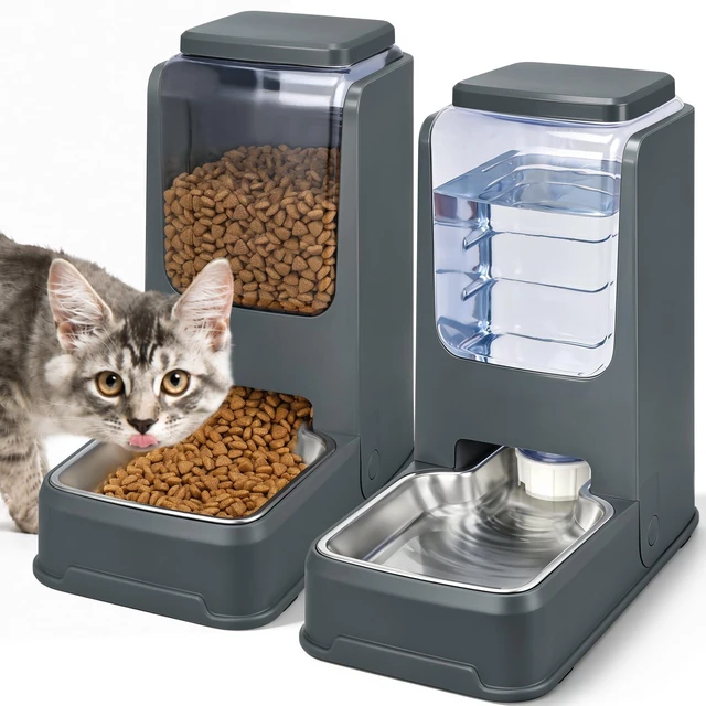 Main image of Automatic Cat Feeder and Water Dispenser Set with Dog Stainless Steel Feed Bowl Pet Gravity Self Feeding and Waterer Large Capacity for Small Medium Large Dogs Puppy Kitten 2 Pack