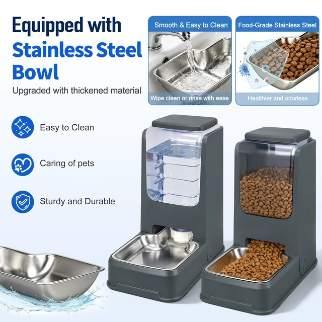 Alt view image 3 of 7 - Automatic Cat Feeder and Water Dispenser Set with Dog Stainless Steel Feed Bowl Pet Gravity Self Feeding and Waterer Large Capacity for Small Medium Large Dogs Puppy Kitten 2 Pack