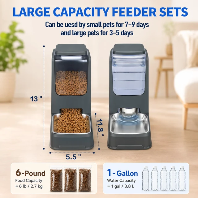 Alt view image 2 of 7 - Automatic Cat Feeder and Water Dispenser Set with Dog Stainless Steel Feed Bowl Pet Gravity Self Feeding and Waterer Large Capacity for Small Medium Large Dogs Puppy Kitten 2 Pack