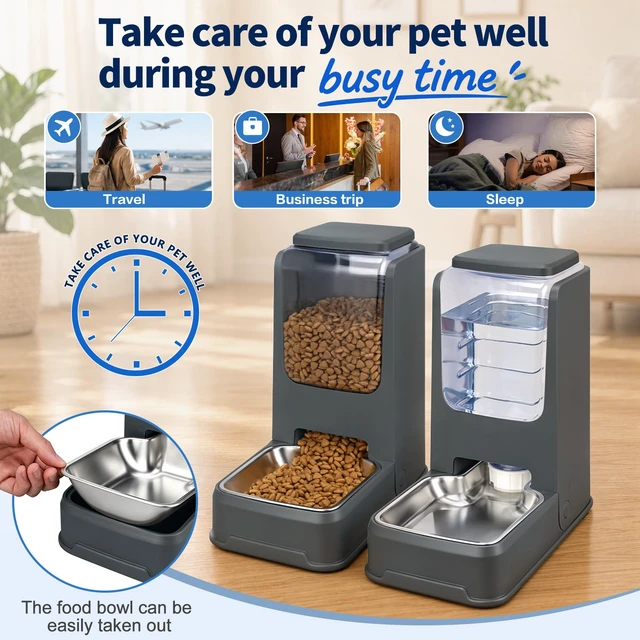 Alt view image 5 of 7 - Automatic Cat Feeder and Water Dispenser Set with Dog Stainless Steel Feed Bowl Pet Gravity Self Feeding and Waterer Large Capacity for Small Medium Large Dogs Puppy Kitten 2 Pack